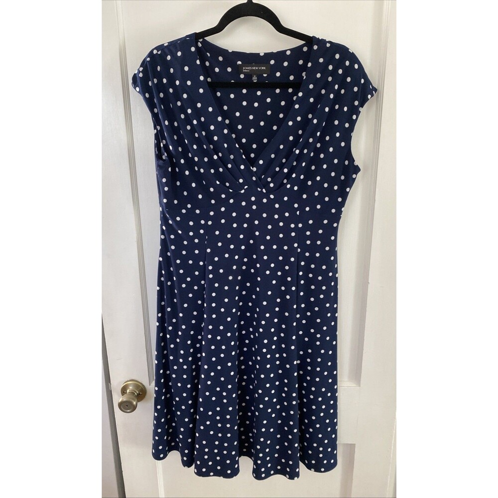 Jones New York Navy & White Polka Dot V-Neck Midi Dress | Size 12-
